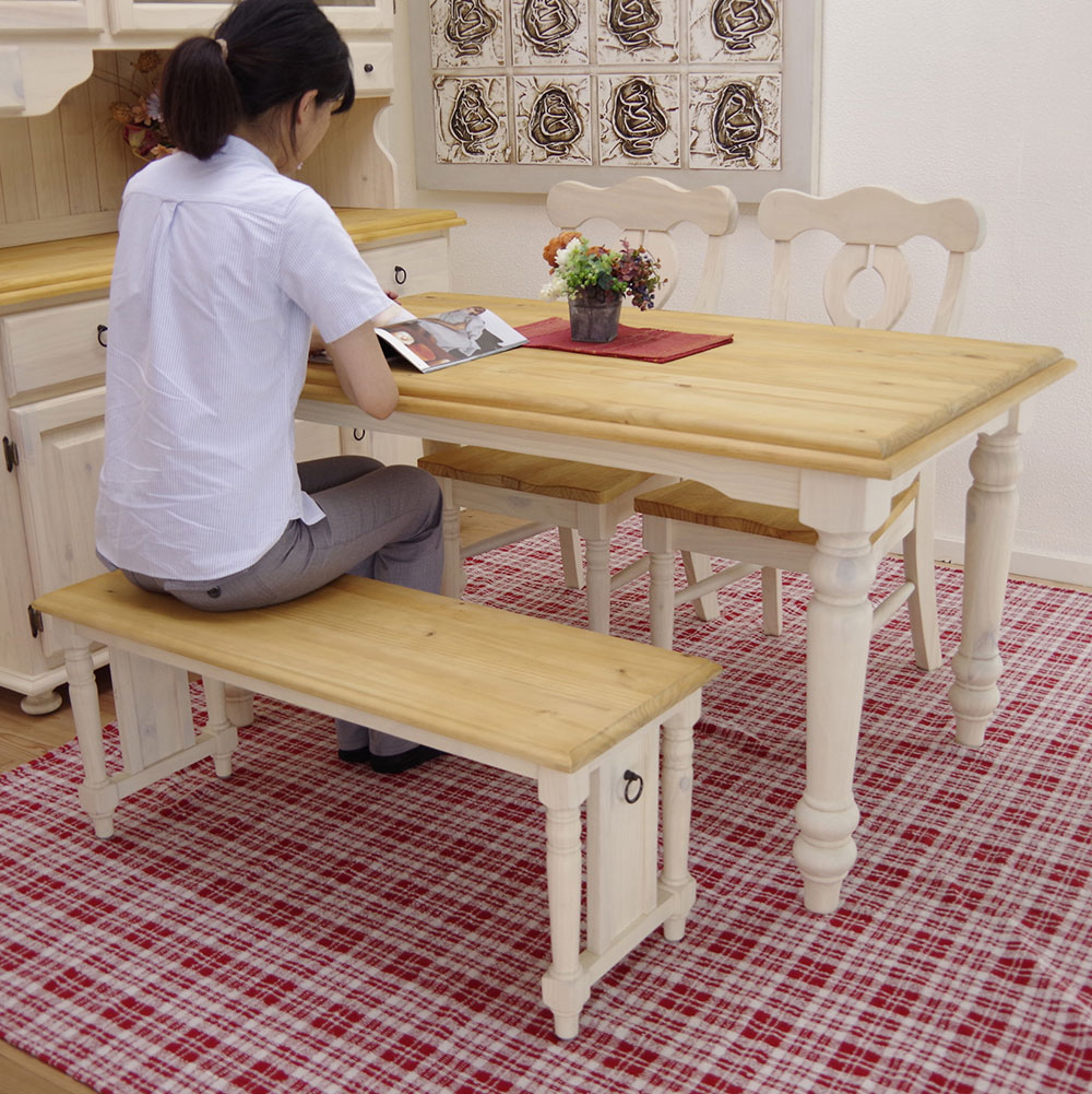 ダイニングテーブル幅140cm+チェアLacko2脚+ベンチセット(ミルキーホワイト色)
