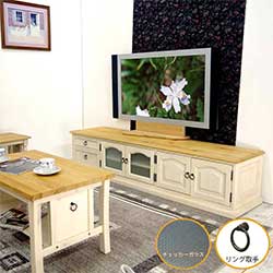 テレビボード巾180cm(ミルキーホワイト色)|ガラス扉|リング取手|チェッカーガラス扉