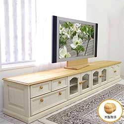 テレビボード巾240cm(ミルキーホワイト色)|ガラス扉|木製取手