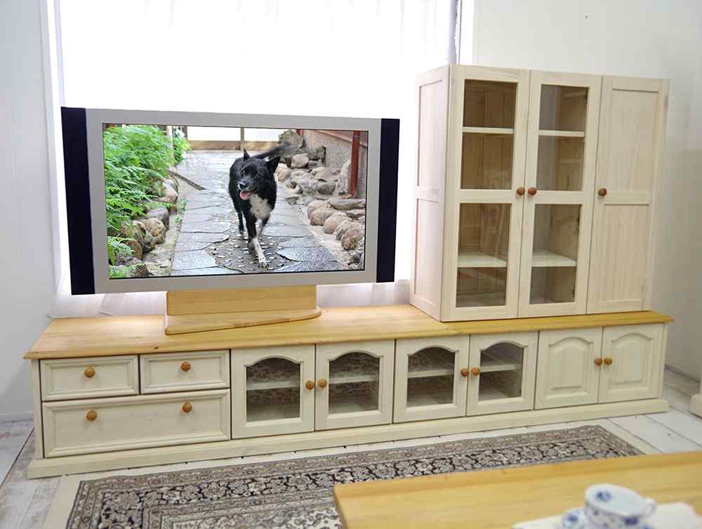 キャビネット付フレンチカントリーテレビ台 白/木製取手/ミルキーホワイト色