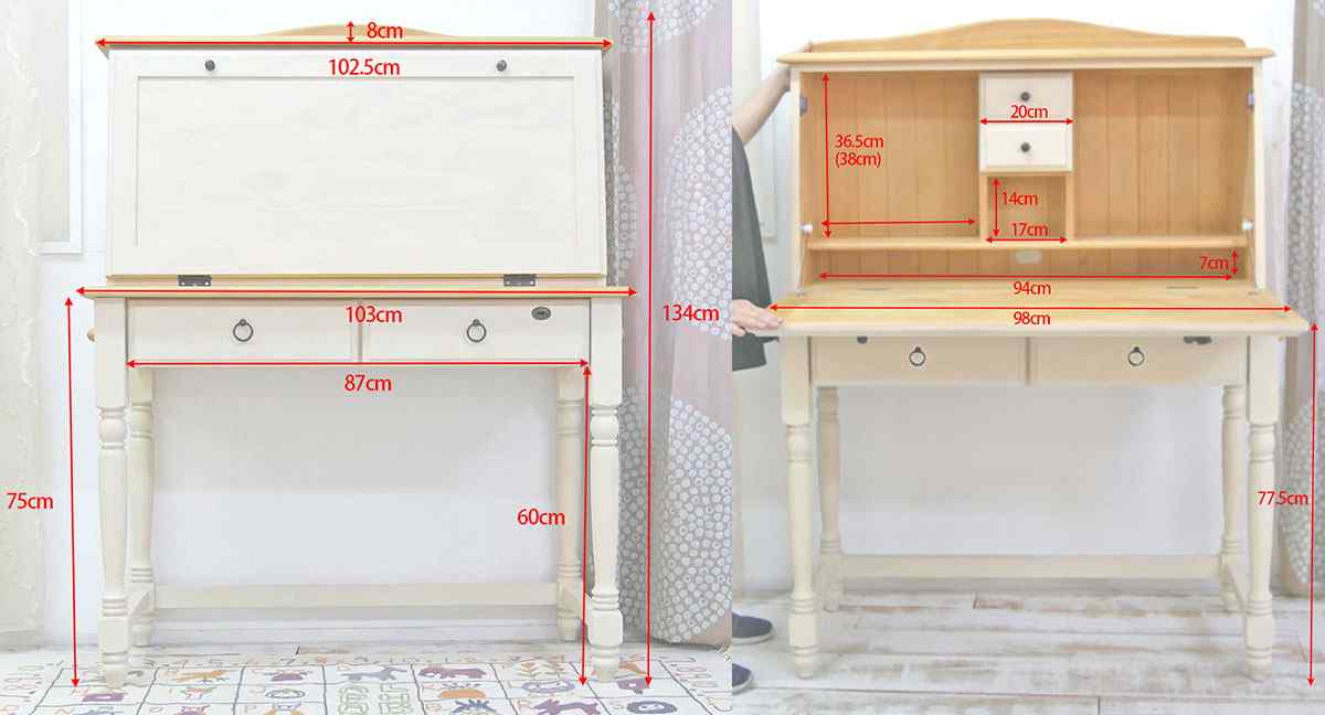 カントリーライティングデスクの詳細サイズ
